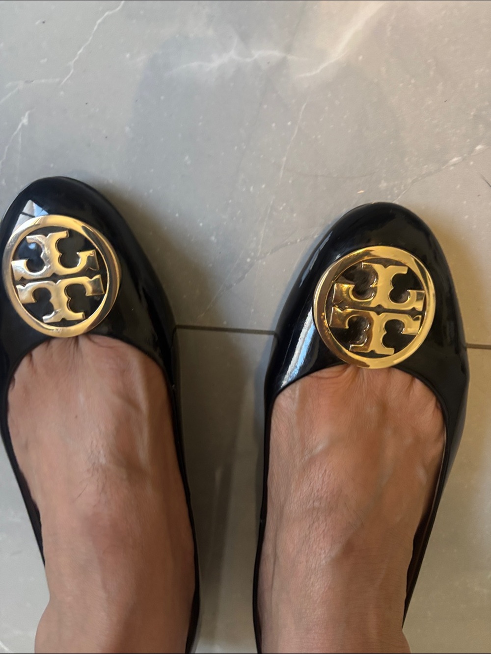 Tory Burch Black Patent Leather Logo Round-Toe Flats